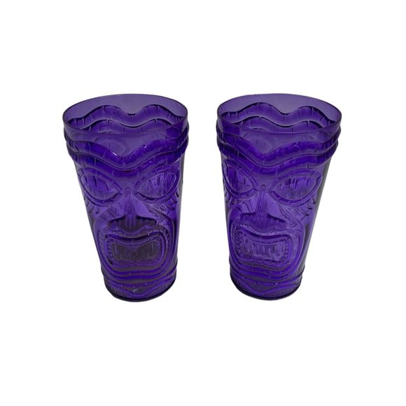 New Luau Purple Tiki Totem Pole Set of 2 Tumber Cups Hard Plastic 6.5 in Tall - Picture 3 of 4